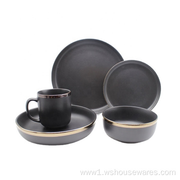 Luxurious Black Stoneware Dinnerware Set with Gold Edge